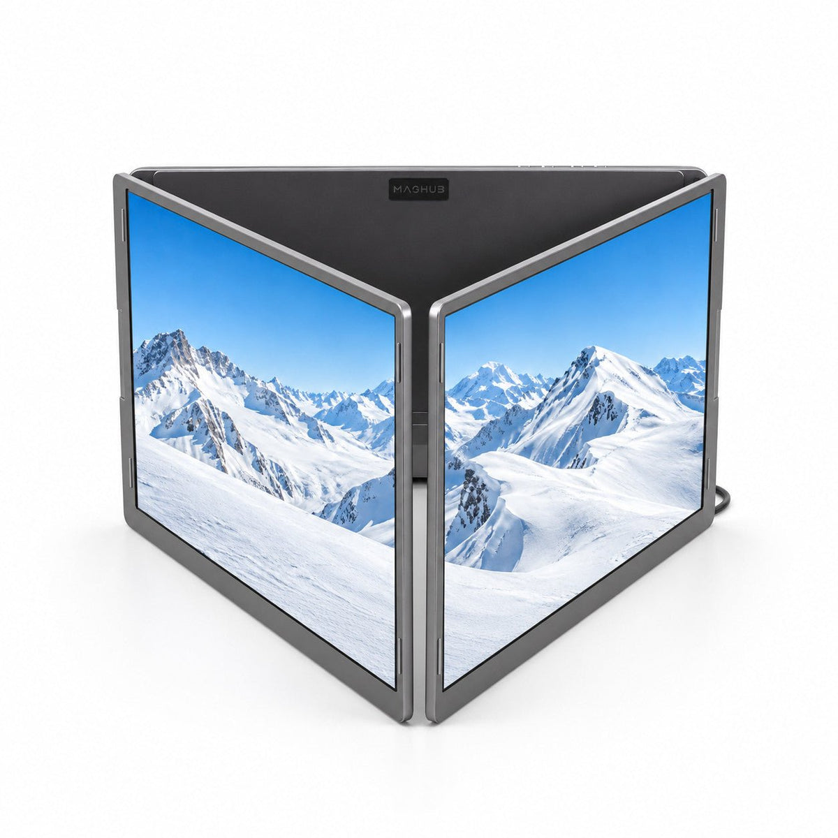 MagHub Trio Go 16 screens arranged in a triangular position with snowy mountain images.