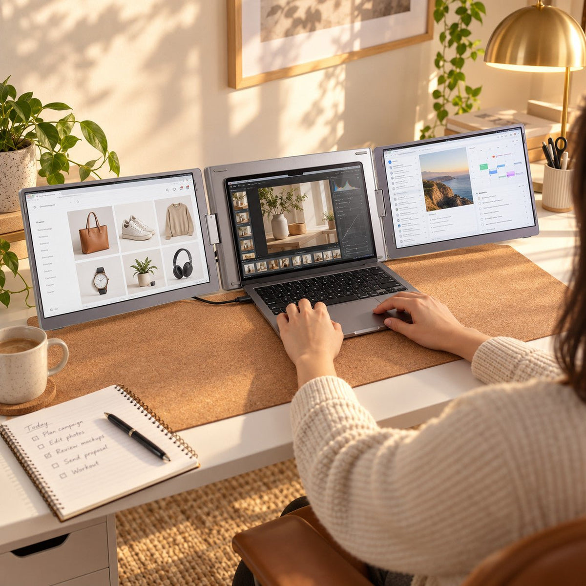 Person using MagHub Trio Go 16 at a home desk with design references and project documents on three screens.
