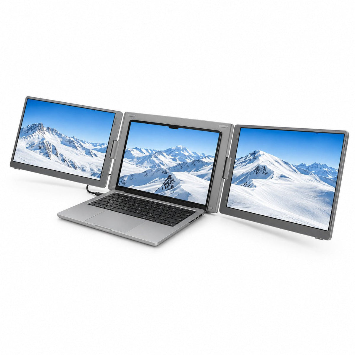 Angled front view of MagHub Trio Go 16 with snowy mountain scenes across a laptop and two side displays.