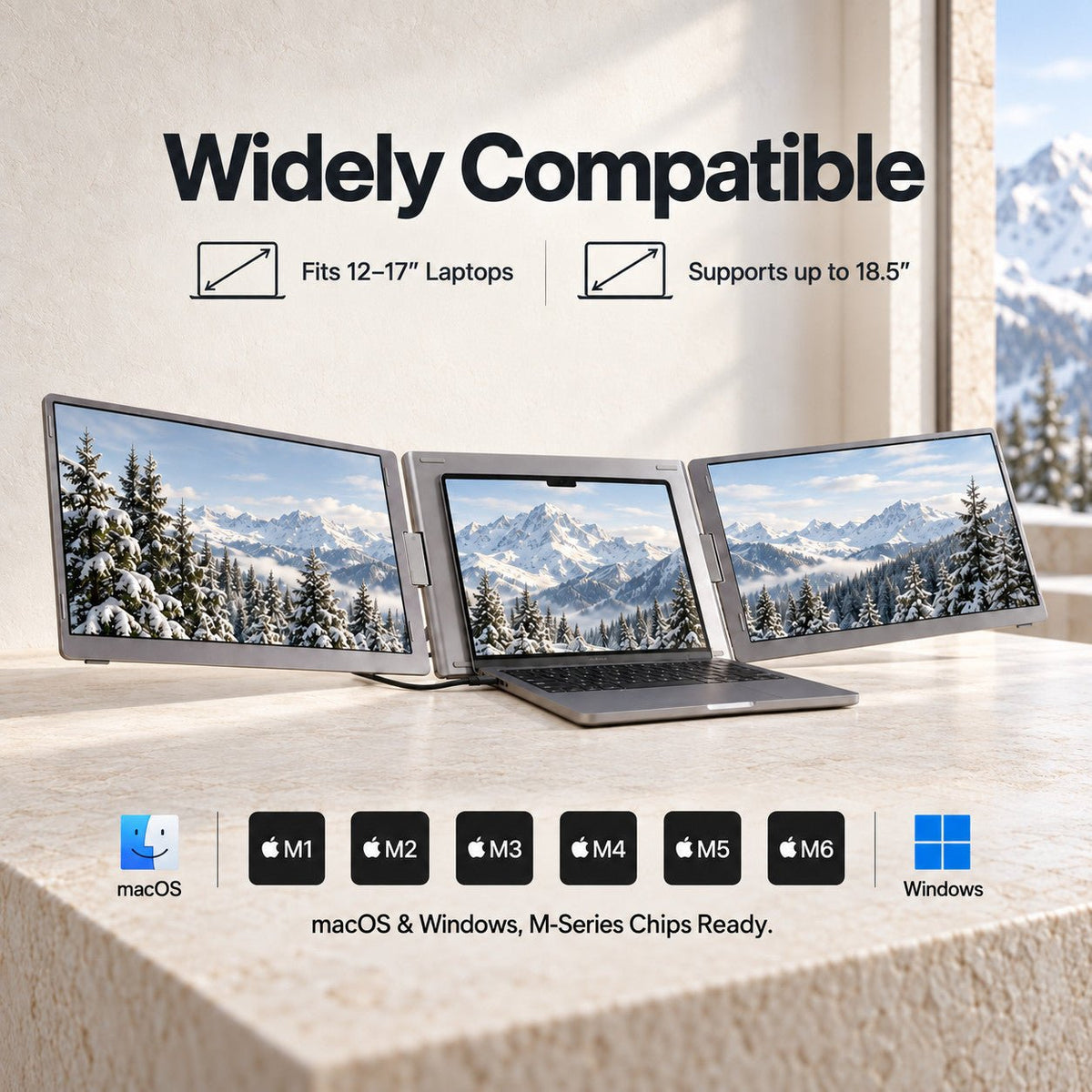 MagHub Trio Go 16 compatibility graphic showing a three-screen laptop setup, laptop size ranges, and macOS and Windows icons.