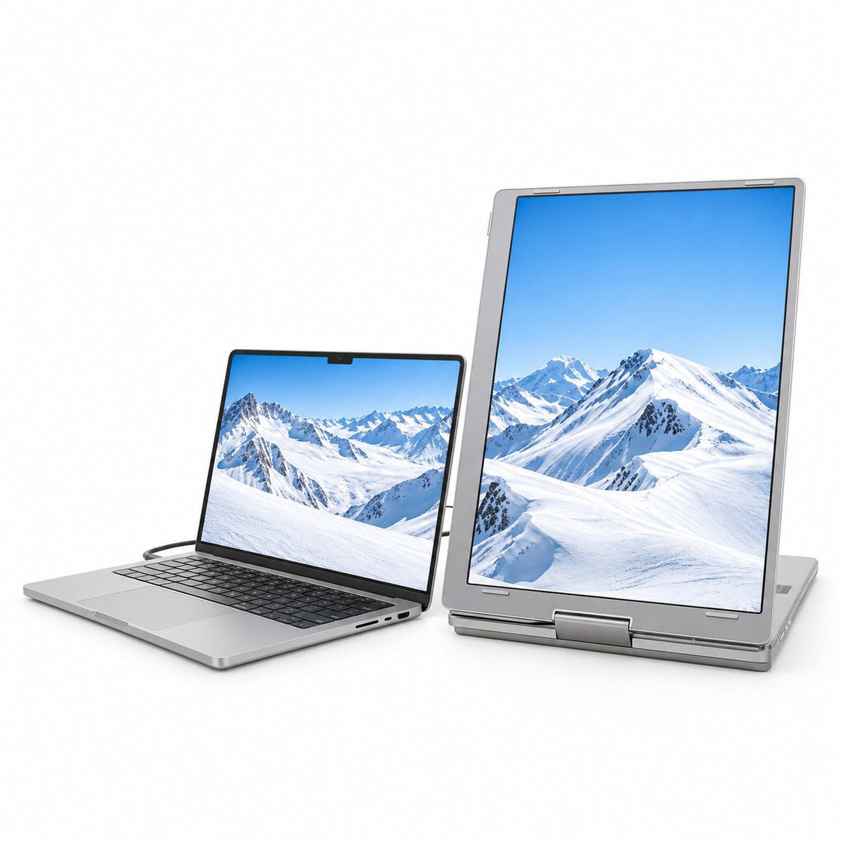 MagHub Trio Go 16 with one side display rotated into portrait orientation beside a laptop.