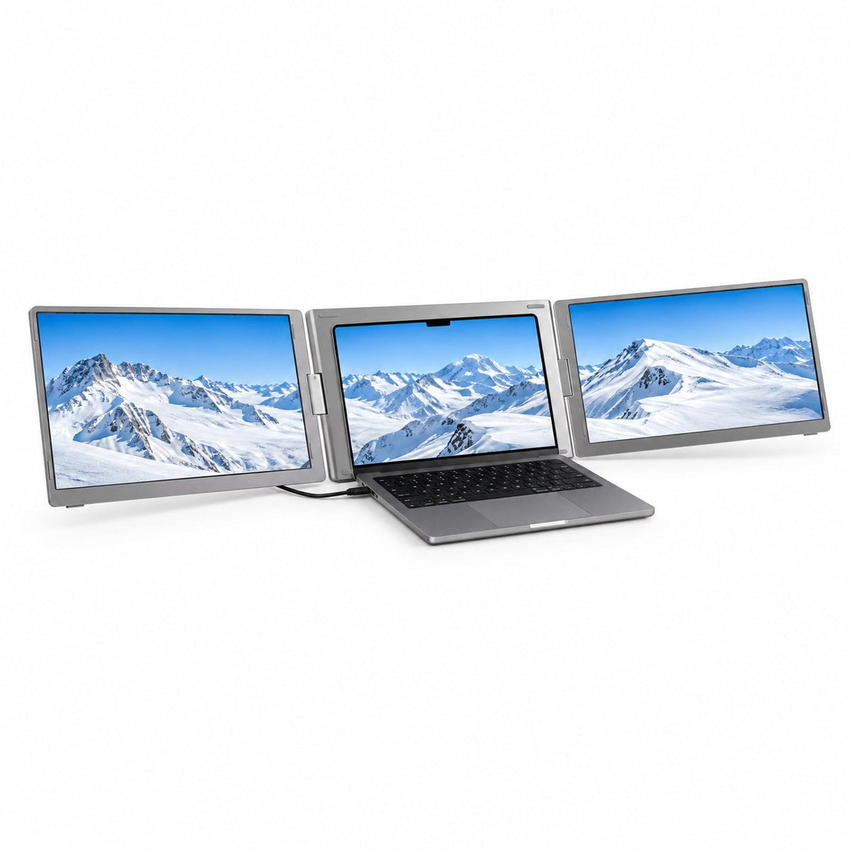 Angled front view of MagHub Trio Go 16 displaying snowy mountains across three screens.