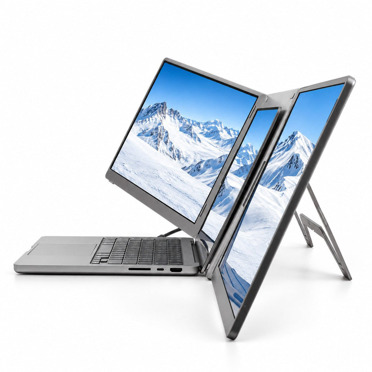 Side view of the MagHub Trio Go 16 screen extender with a laptop and rear stand.