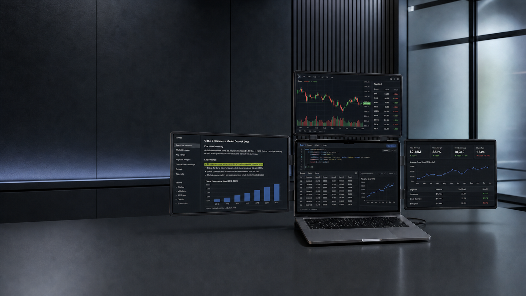 MagHub four-screen workspace showing market charts, research, and business analytics