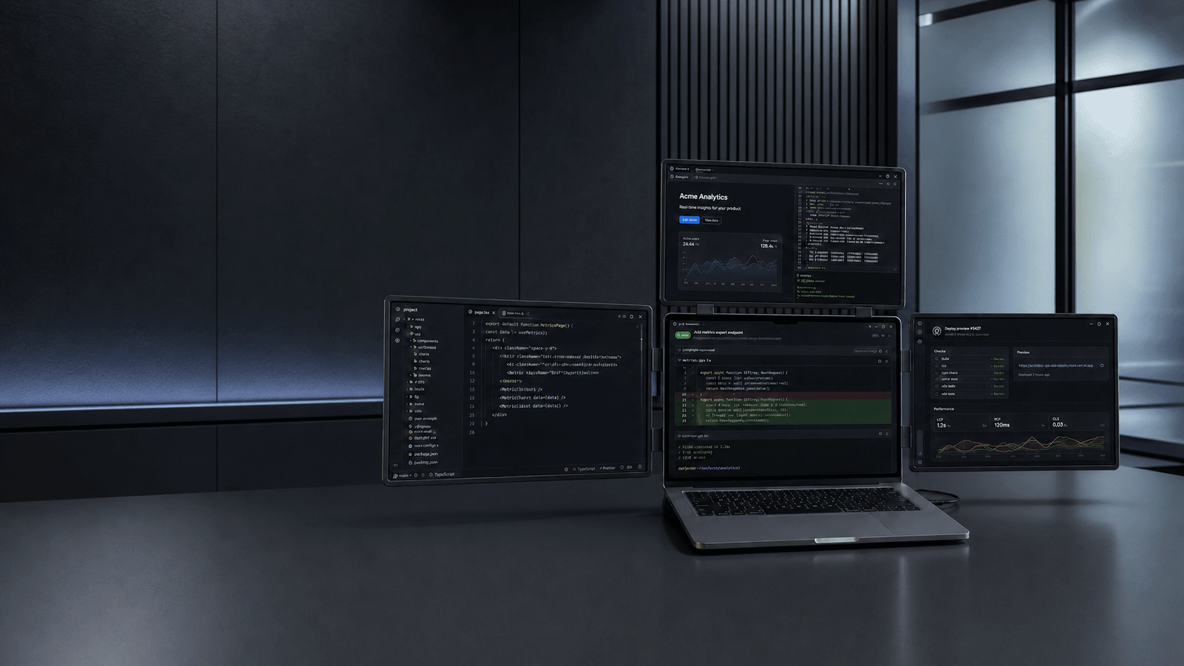 MagHub four-screen workspace showing code, AI development, preview, and deployment tools