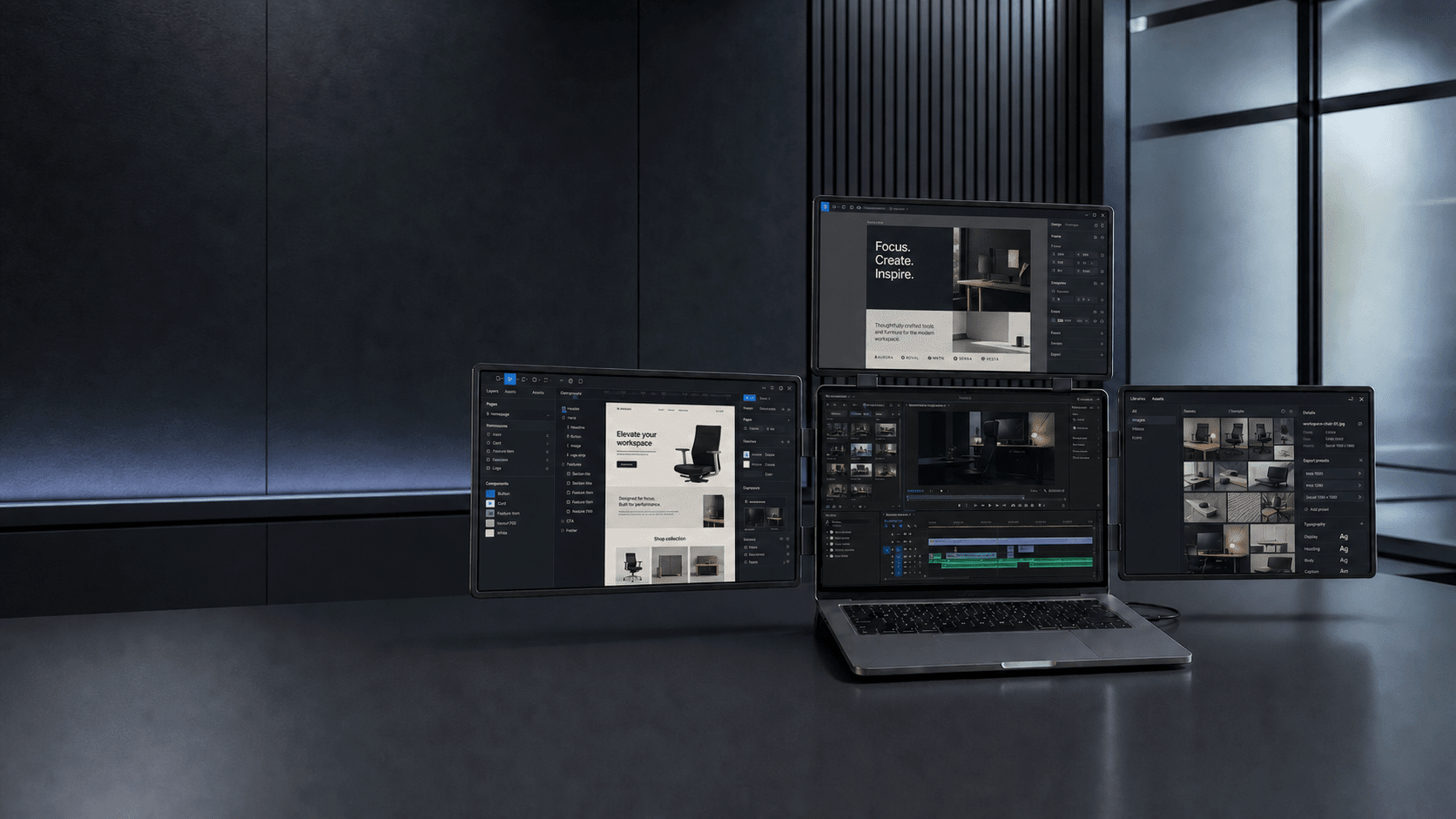 MagHub four-screen workspace showing design, video editing, and creative asset tools