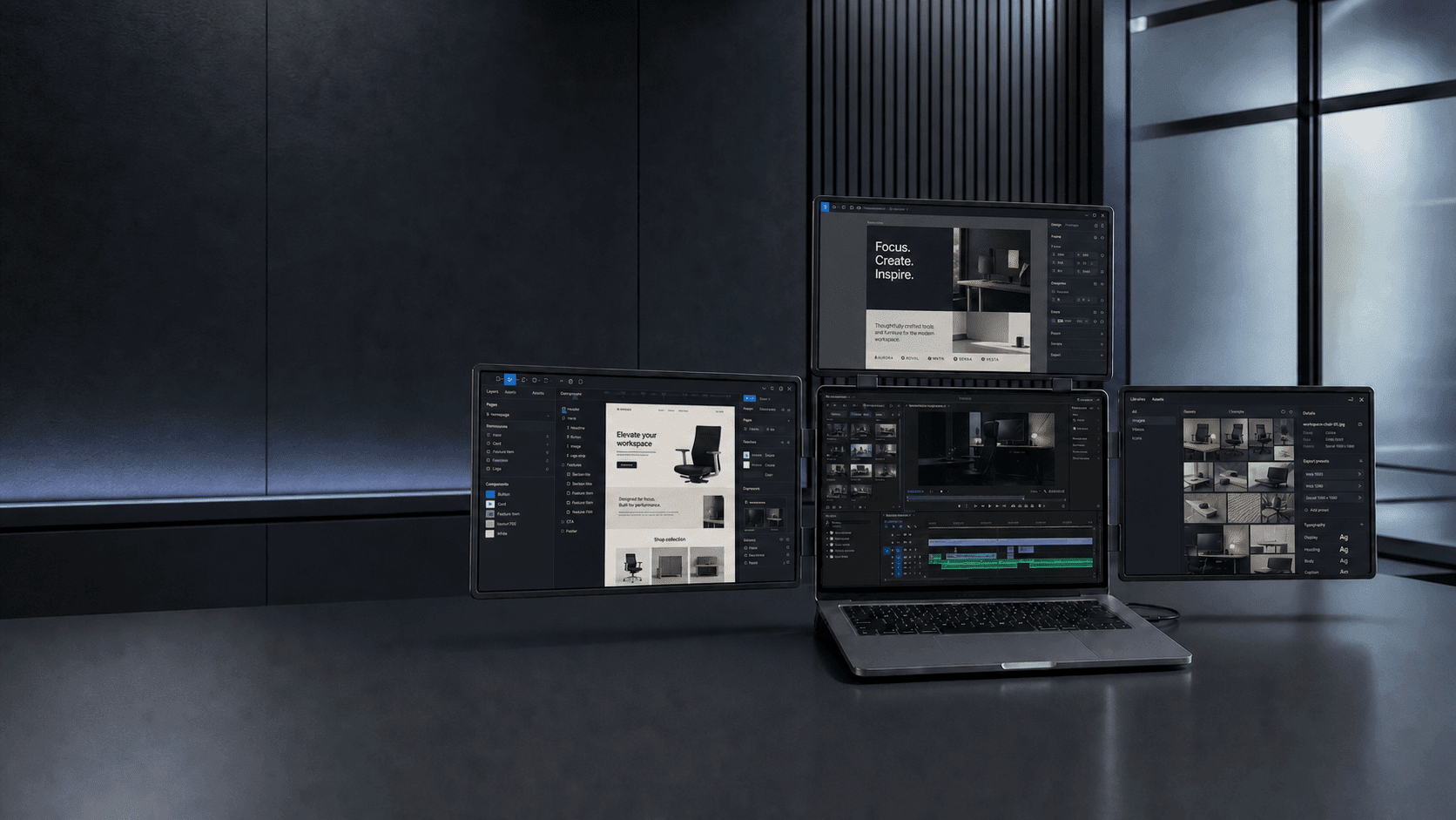 MagHub four-screen workspace showing design, video editing, and creative asset tools