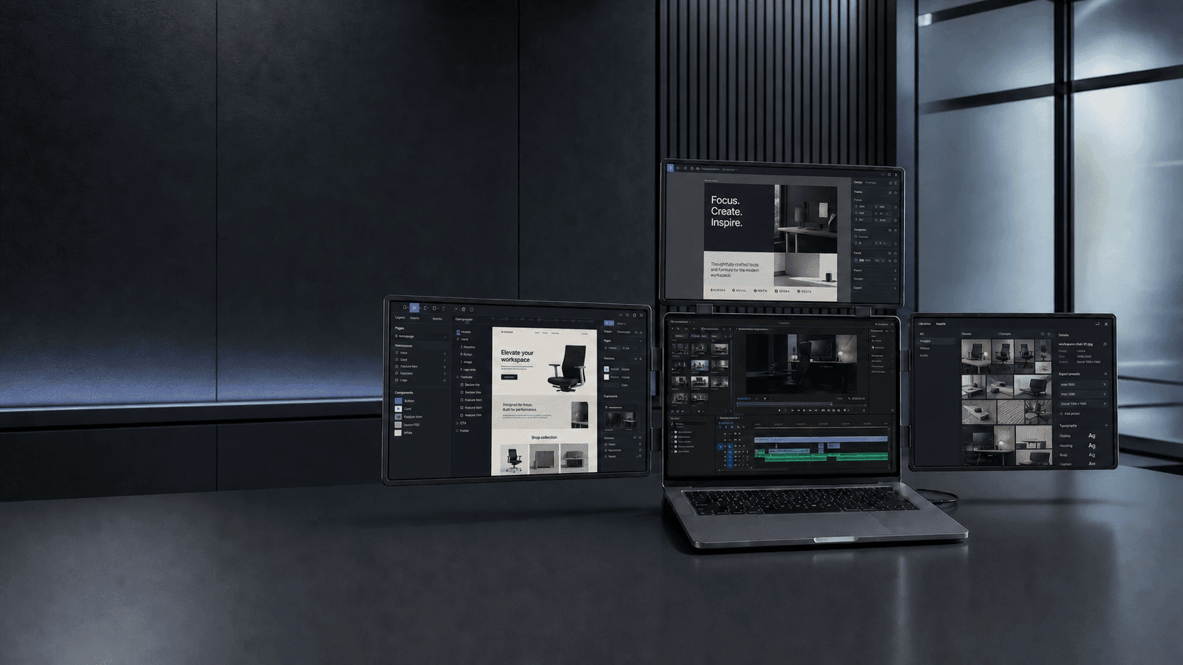 MagHub four-screen workspace showing design, video editing, and creative asset tools