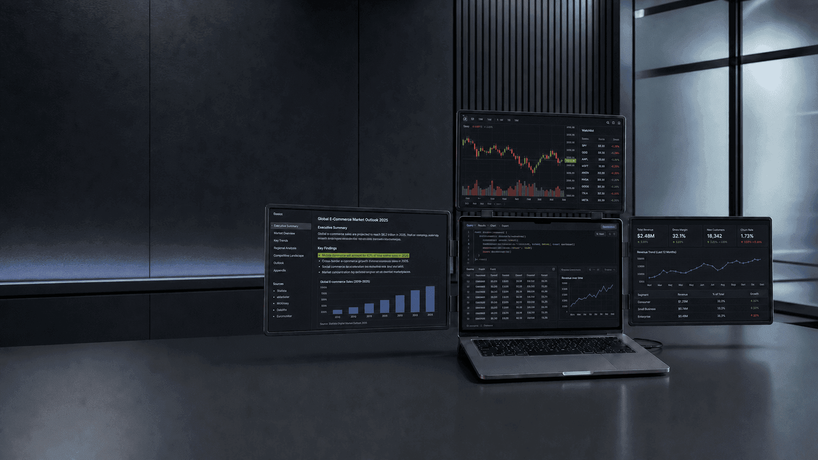 MagHub four-screen workspace showing market charts, research, and business analytics
